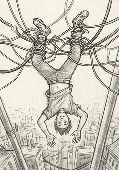 Personne volant mais retenue par des câbles électriques