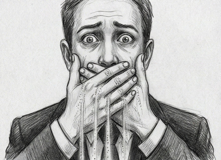 Mains cachant une bouche dont les dents tombent