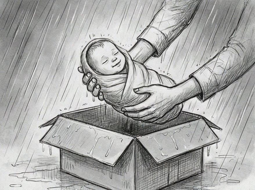 Bébé dans une boîte sous la pluie