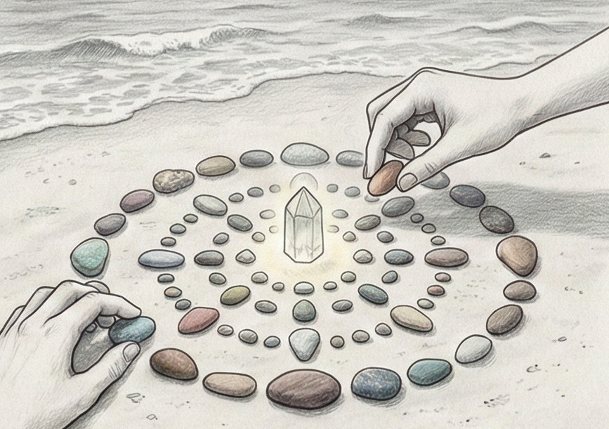 Cercle parfait de pierres colorées sur le sable