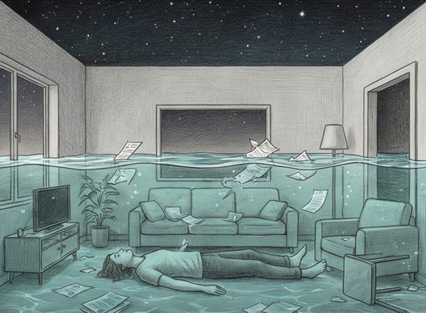 Eau claire envahissant doucement un salon