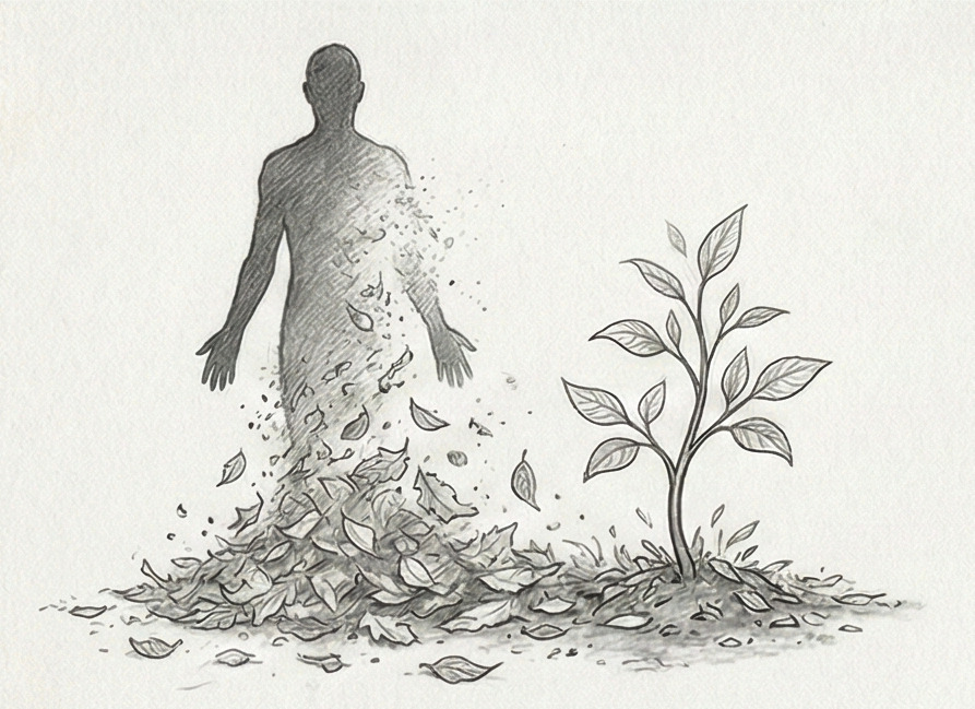 Symbolisme du rêve de mort, avec une image de renaissance comme un phénix ou une plante qui repousse.