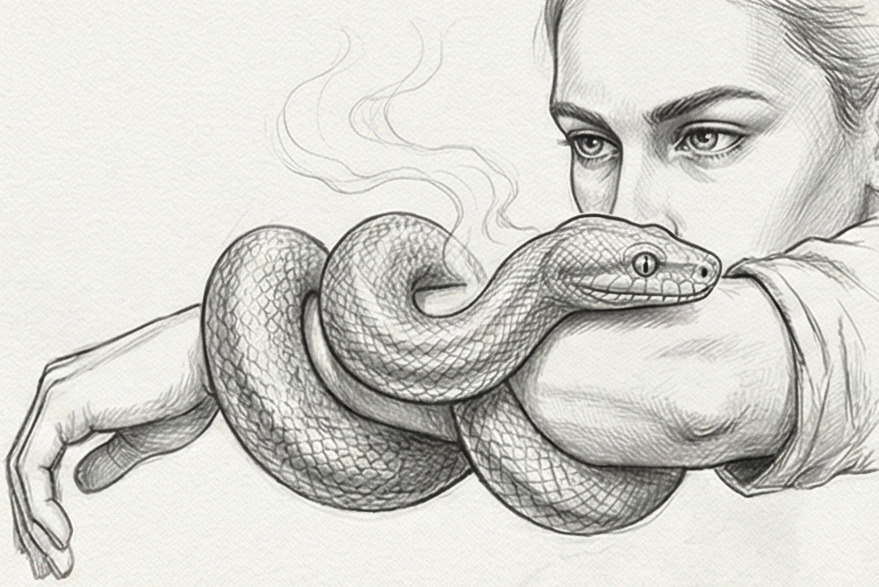 Serpent émeraude s'enroulant doucement autour d'un bras