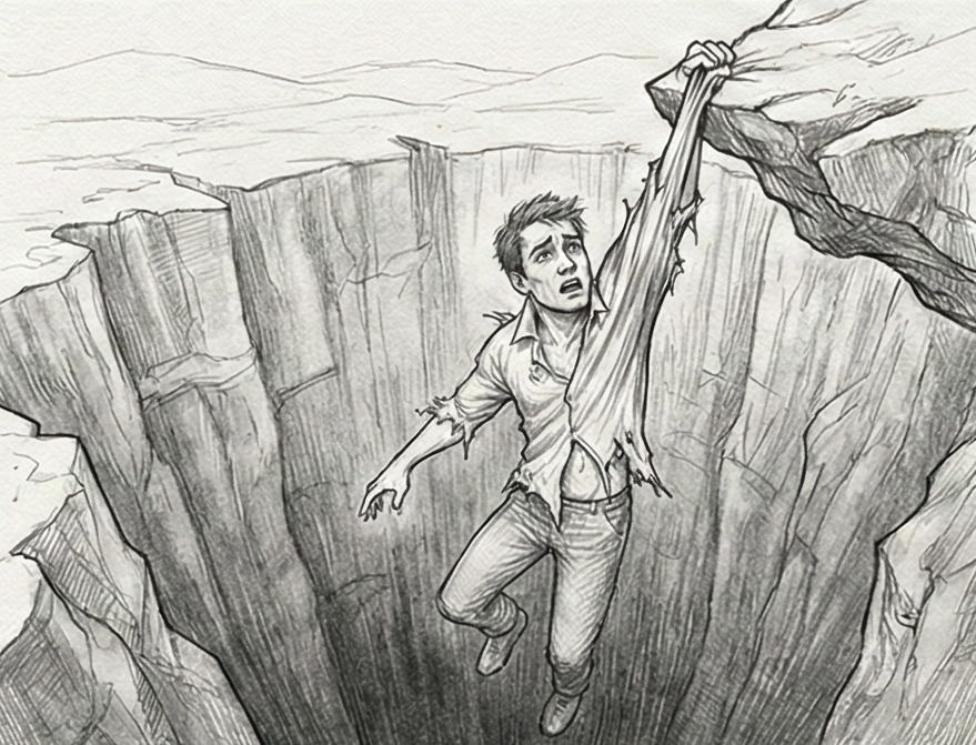 Personne suspendue au-dessus du vide, retenue par un vêtement